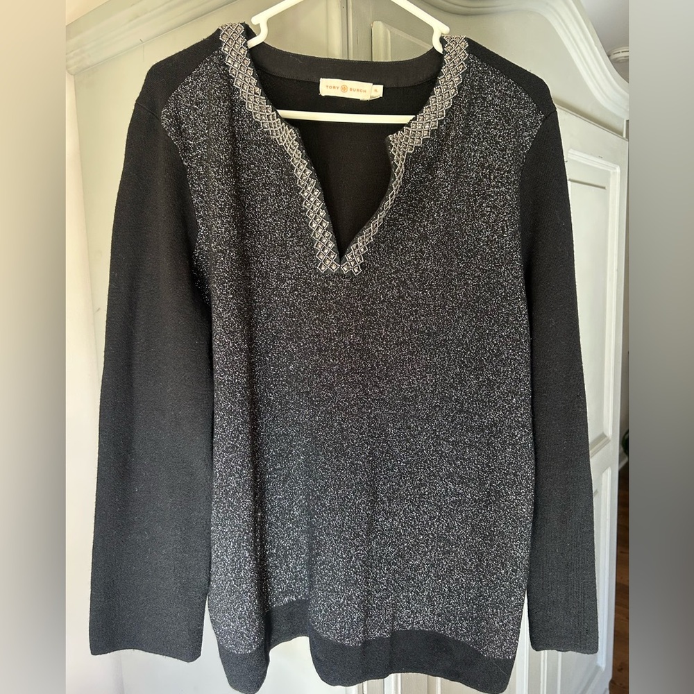 Tory Burch black Shimmer Sweater embellished collar XL